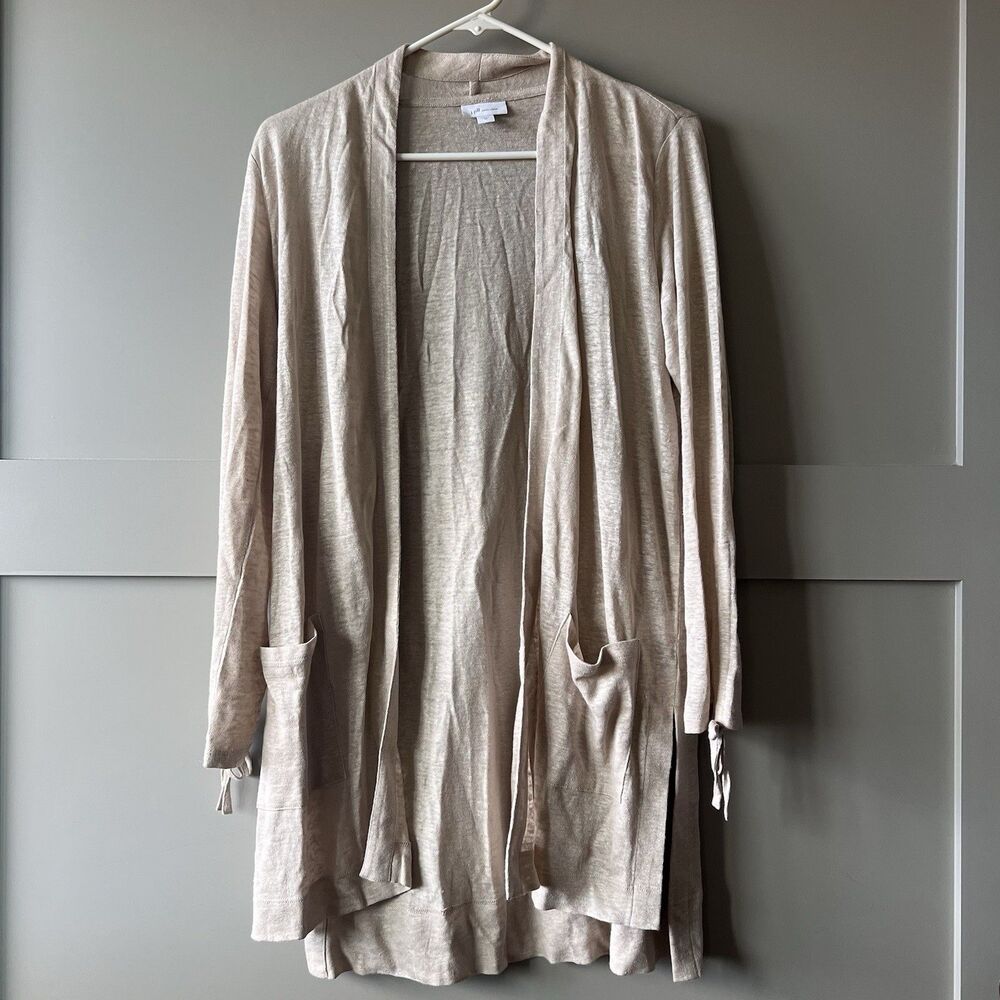 J. Jill Love Linen Open Front Tunic Cardigan Women XS Beige Lightweight Pocket‎